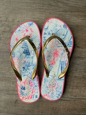 Lilly Pulitzer Floral Beach Flip Flop Sandals with Gold Straps and Pink Trim